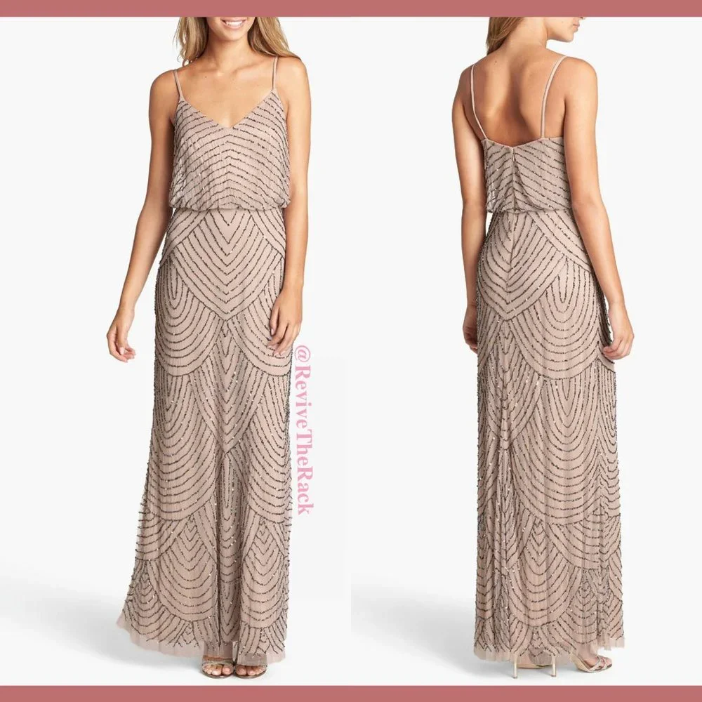 NEW $260 Adrianna Papell Art Deco‎ Beaded Blouson Gown in Taupe Pink [SZ 12P ]